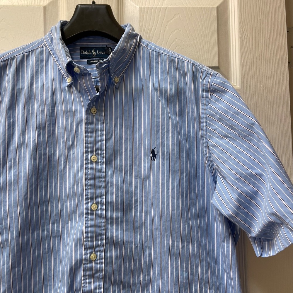 Ralph Lauren Classic Fit Shirt Men's XL Blue/White Striped Short Sleeved Preppy